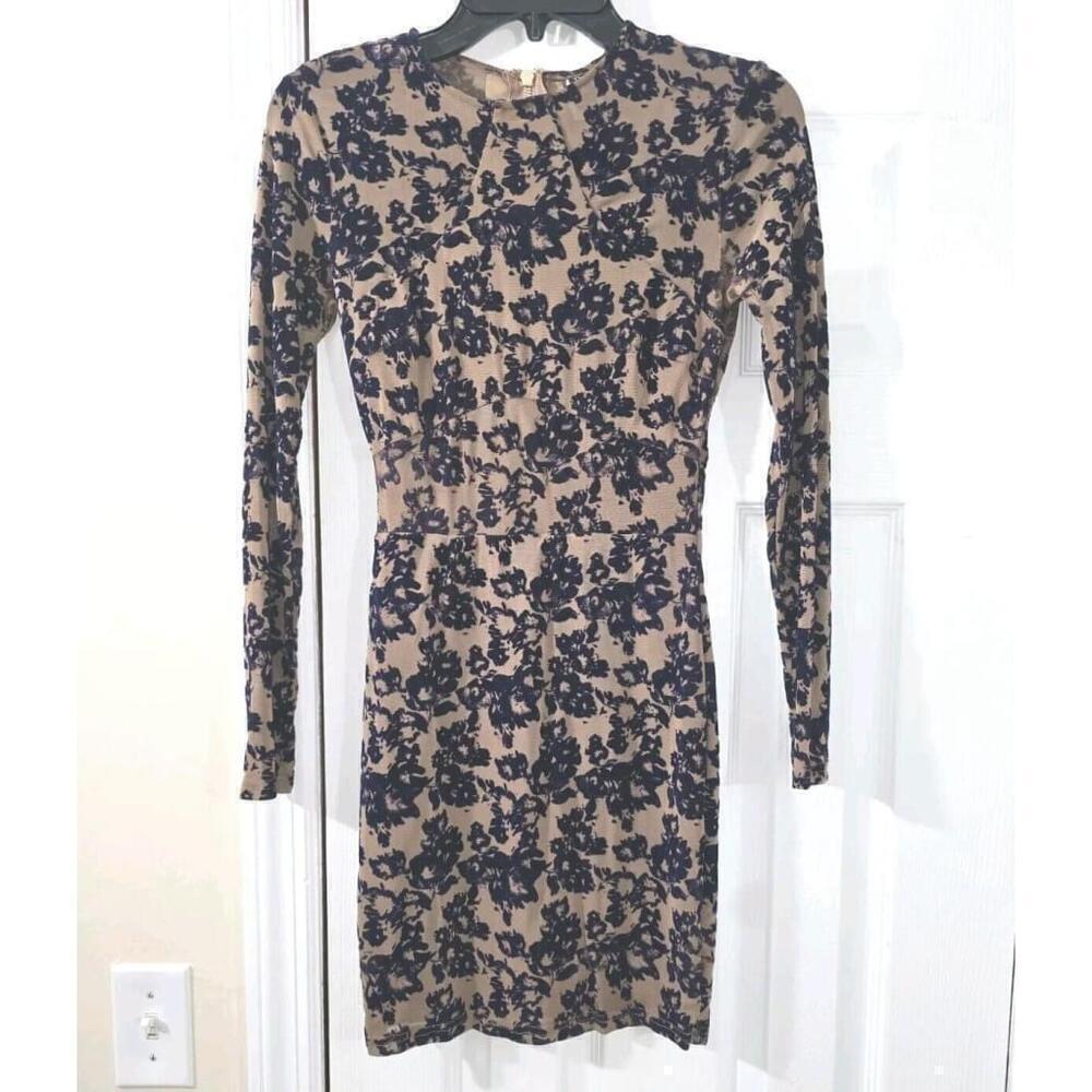 Windsor Dress Beige Navy Nude Illusion Floral Crew Neck Long Sleeve SMALL